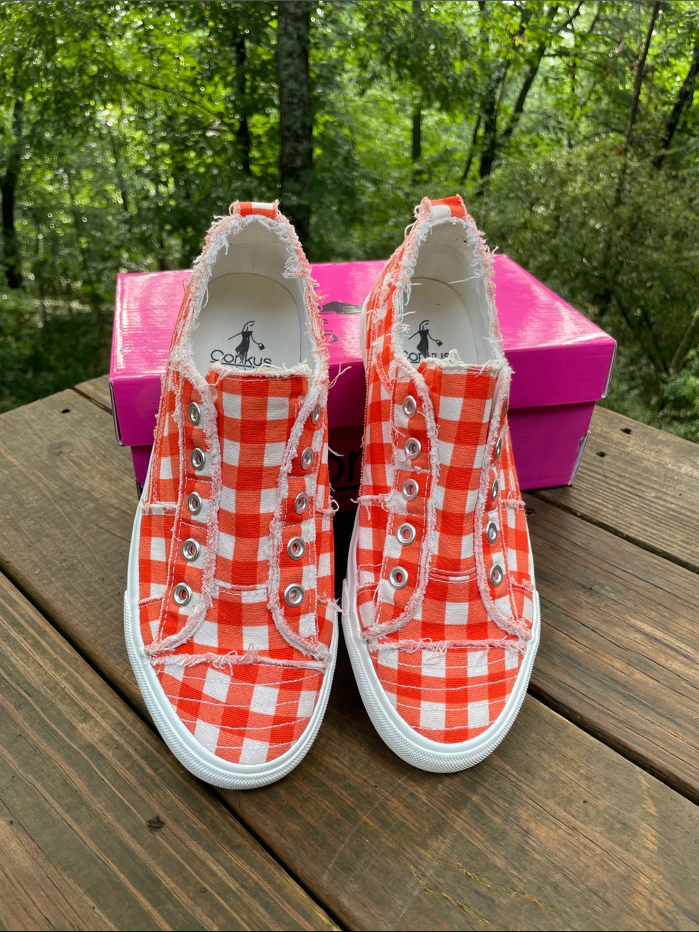 CORKYS ORANGE GINGHAM BABALU SNEAKERS